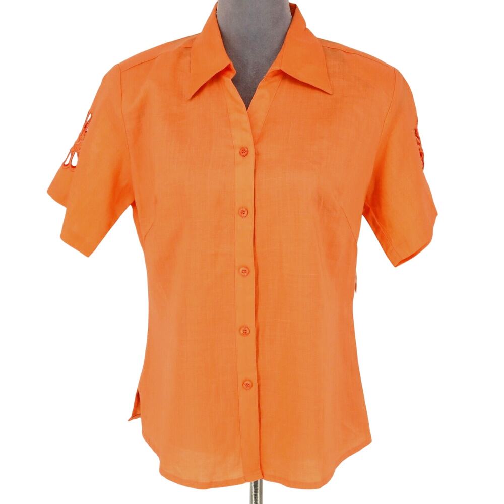 JMP Top Womens Medium Orange Linen Embroidered Cut Outs Blouse Button New
